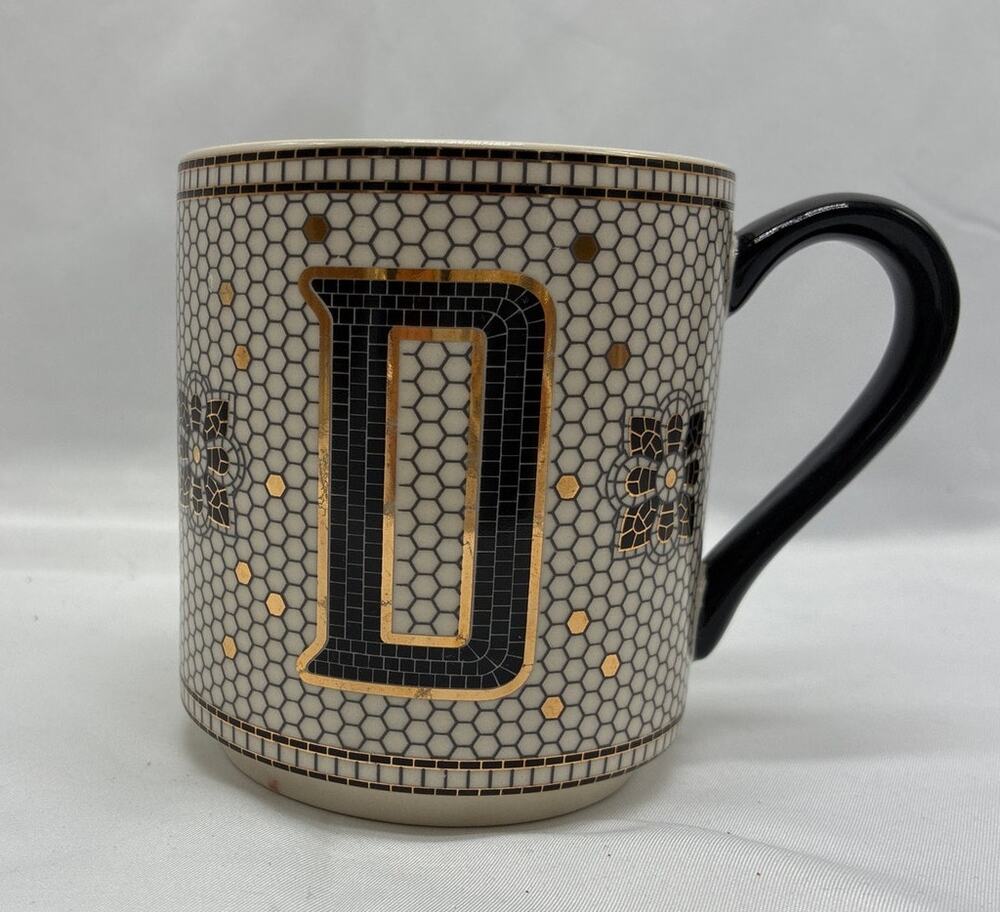 Anthropologie Monogram D Coffee Mug Black Gold Mosaic Art Deco 15 Oz Cup White